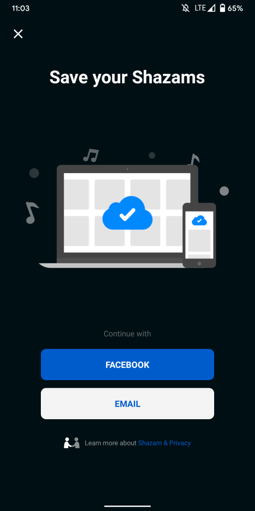 Shazam Facebook sign-in