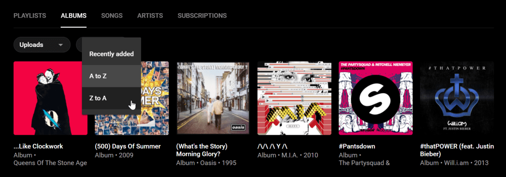 YouTube Music sort