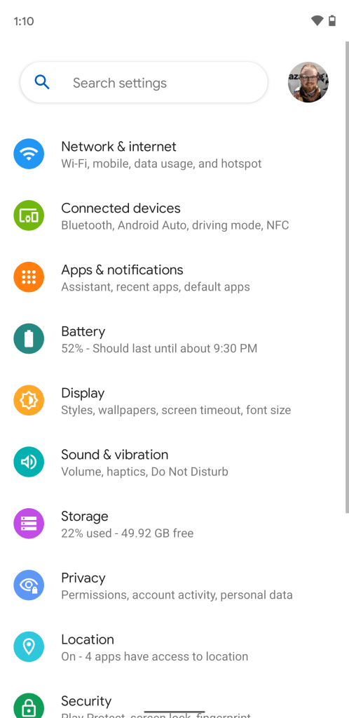 Android 12 Settings home page