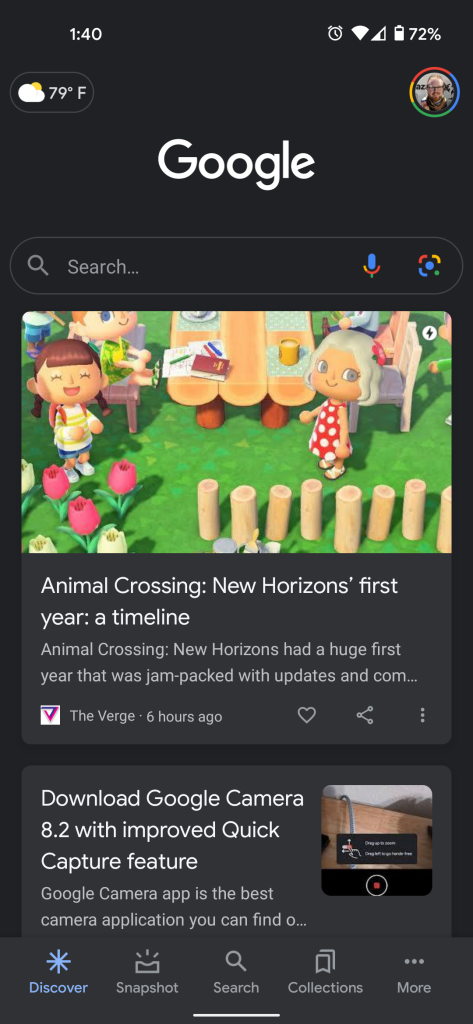 Google Discover feed, in dark mode, with a Material Design chip indicating the current weather