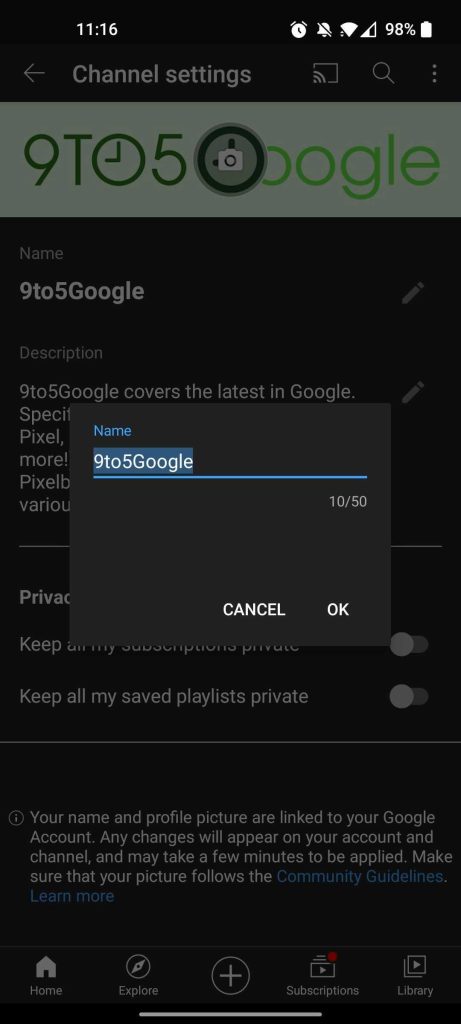 youtube change channel name