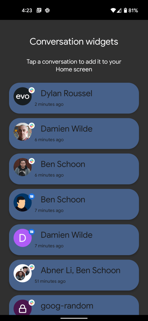 Android 12 Conversations widget list
