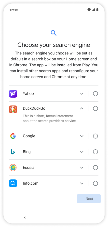 Android choice screen search