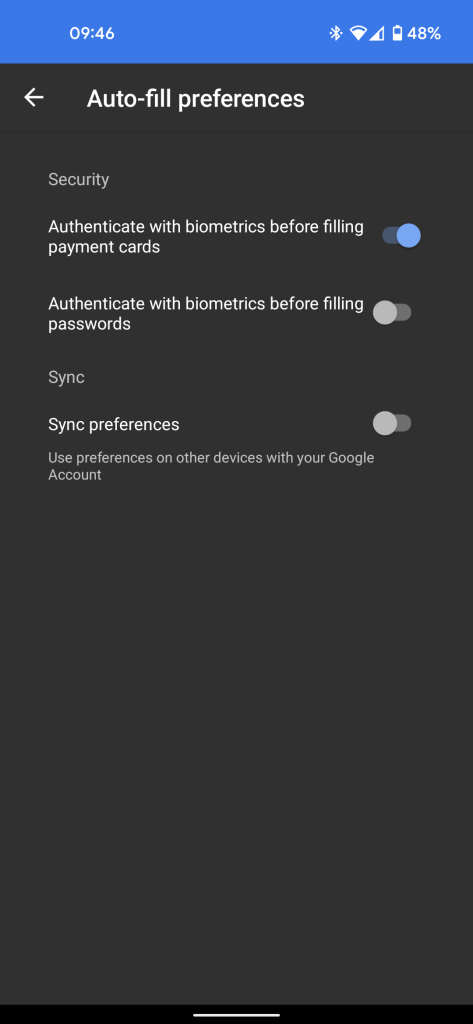 google autofill sync settings