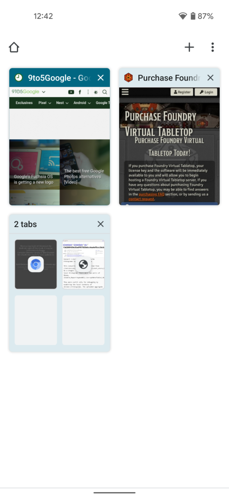 Chrome for Android's tab switcher using an aqua Material You theme