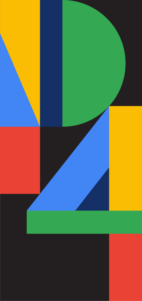The official promo wallpaper for the Pixel 4, displaying 'P4' in large, colorful letters.