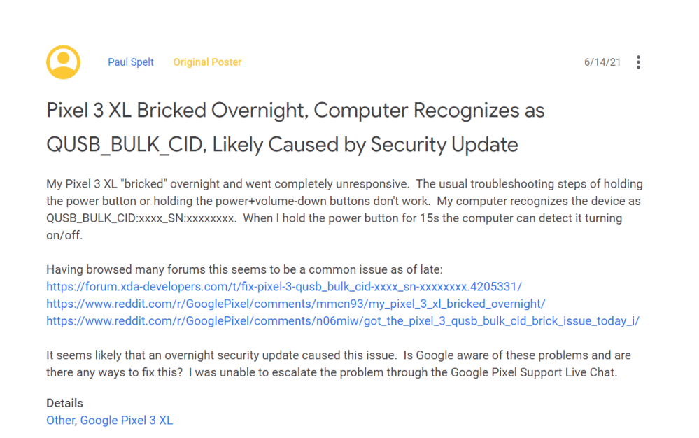 Complaint on the Google Support forums about bricked Pixel 3 devices