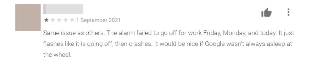 1-star review for Google Clock app due to broken scheduled alarms