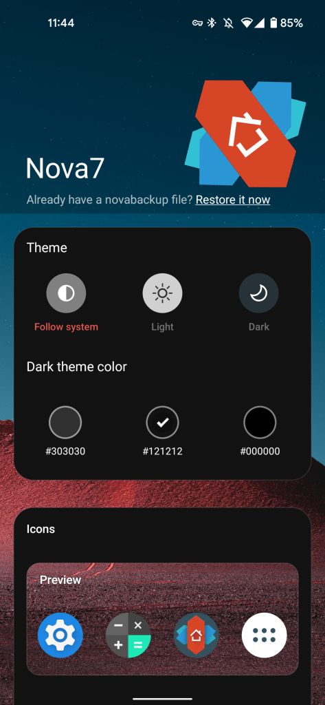 Nova Launcher 7 first launch screen with customization options