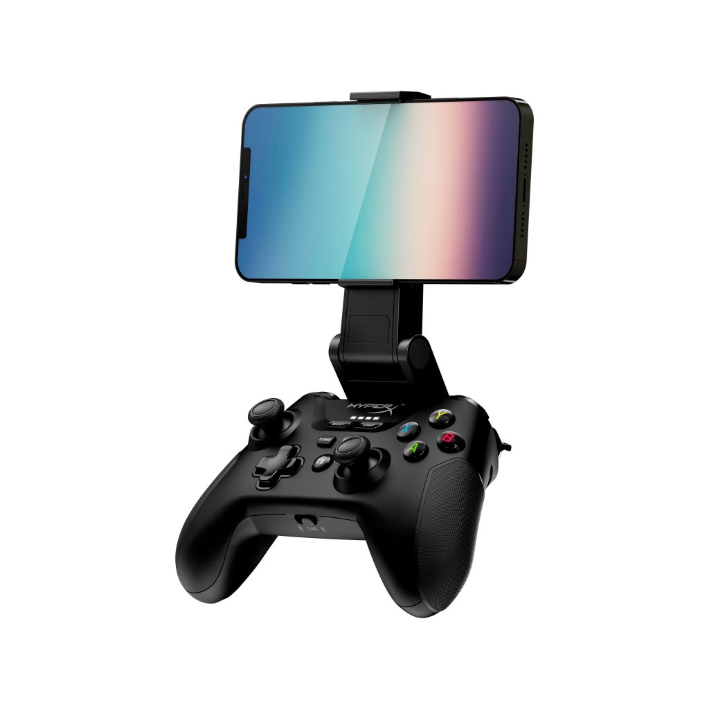 HyperX Clutch controller, side profile, with phone mounted