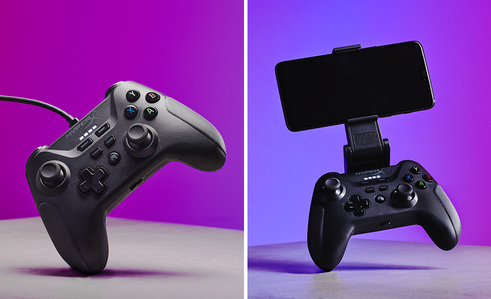 Two angles of the HyperX Clutch controller: one with a wire attached, one with a phone attached by a grip