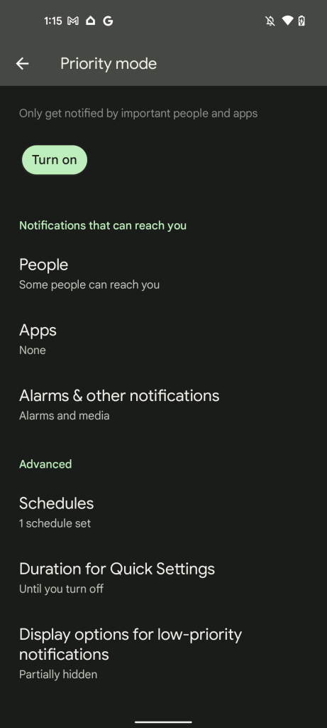 Android 13 Priority mode settings