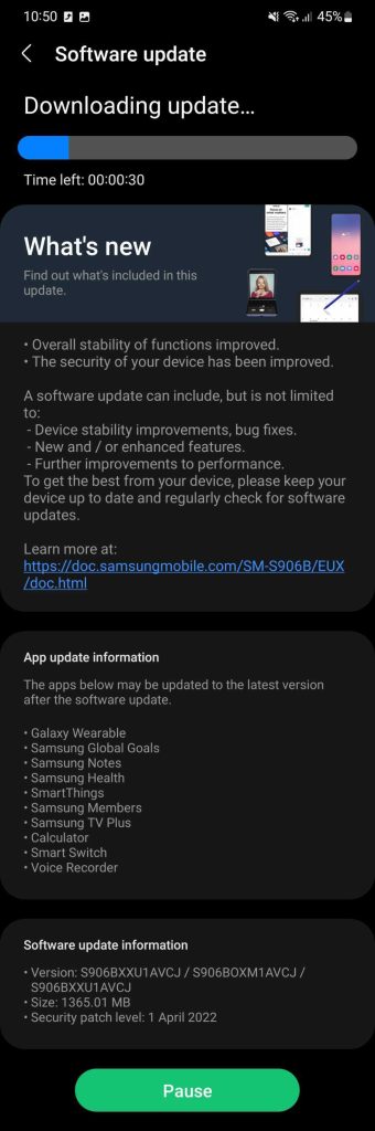 Samsung Galaxy S22+ April 2022 patch update notes