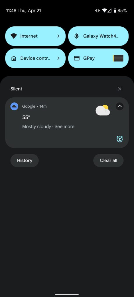 Notification bay current weather expanded