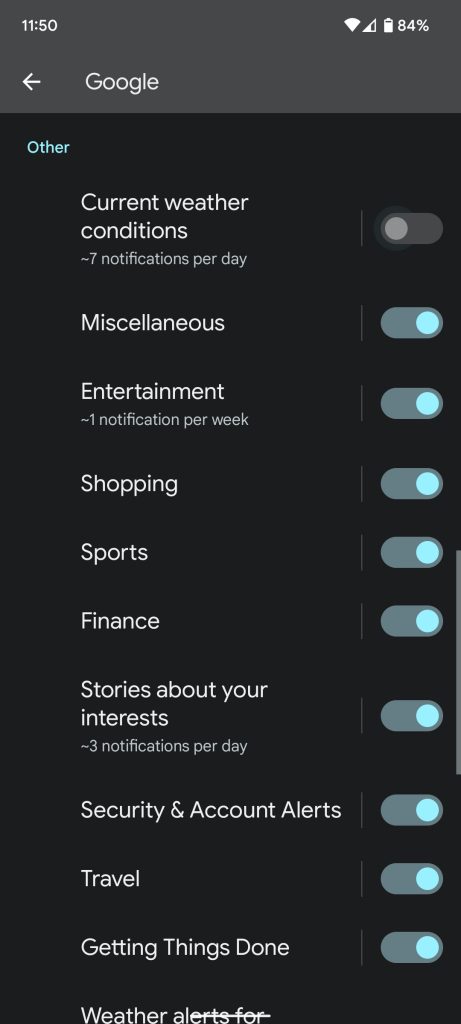Google App turn off weather notifications