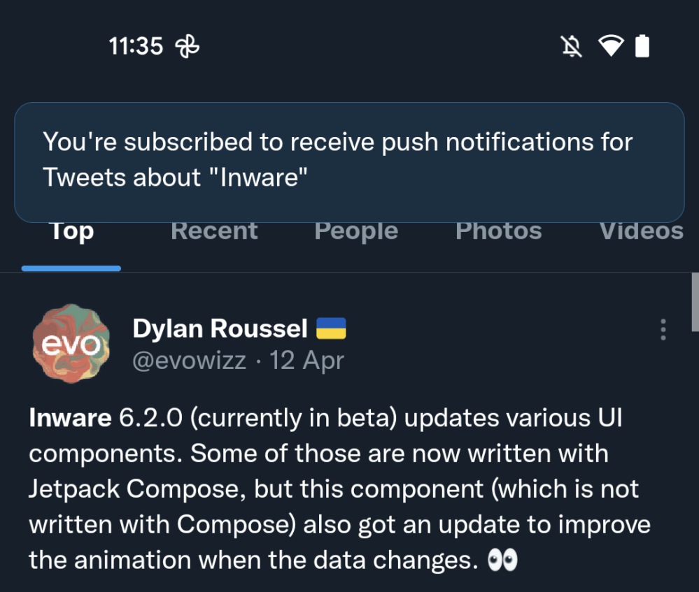Twitter for Android search page with an on-screen alert that reads "You're subscribed to receive push notifications for Tweets about "Inware""