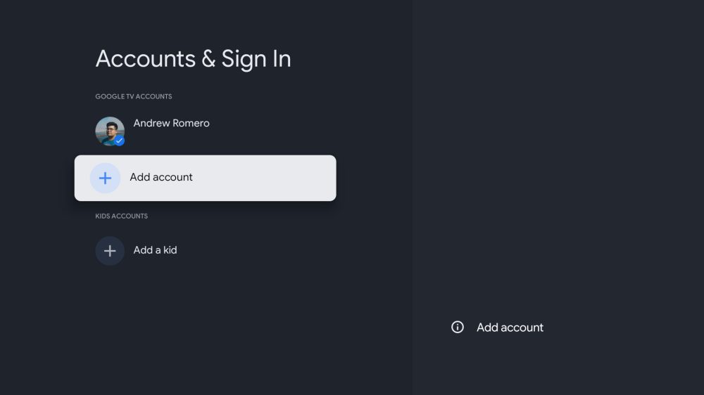 Add account Google TV