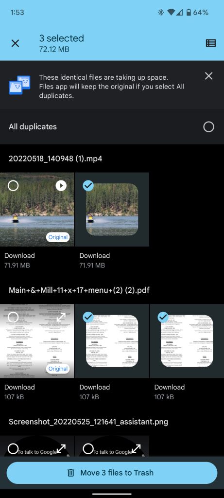 Selecting files to trash
