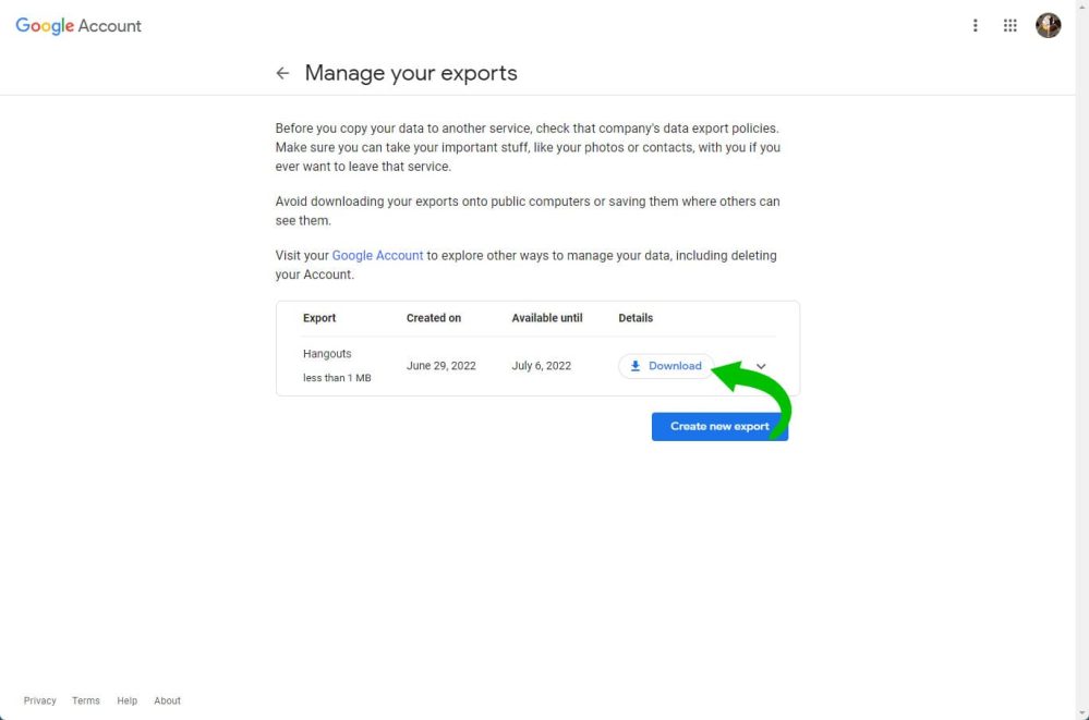 Download file Google Takeout