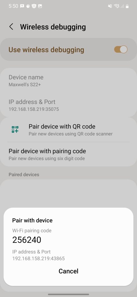 wireless debugging pin