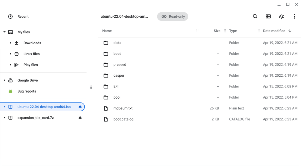 ChromeOS Files app with two archives mounted, one in iso format, one in 7z