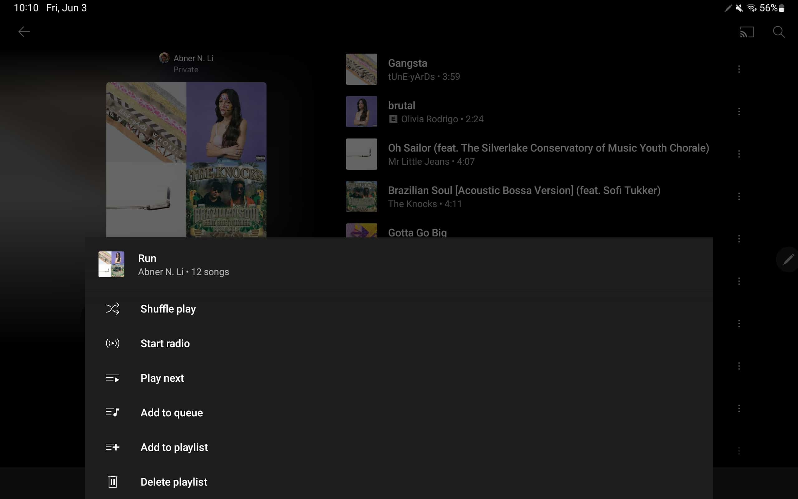 YouTube Music tablet playlist
