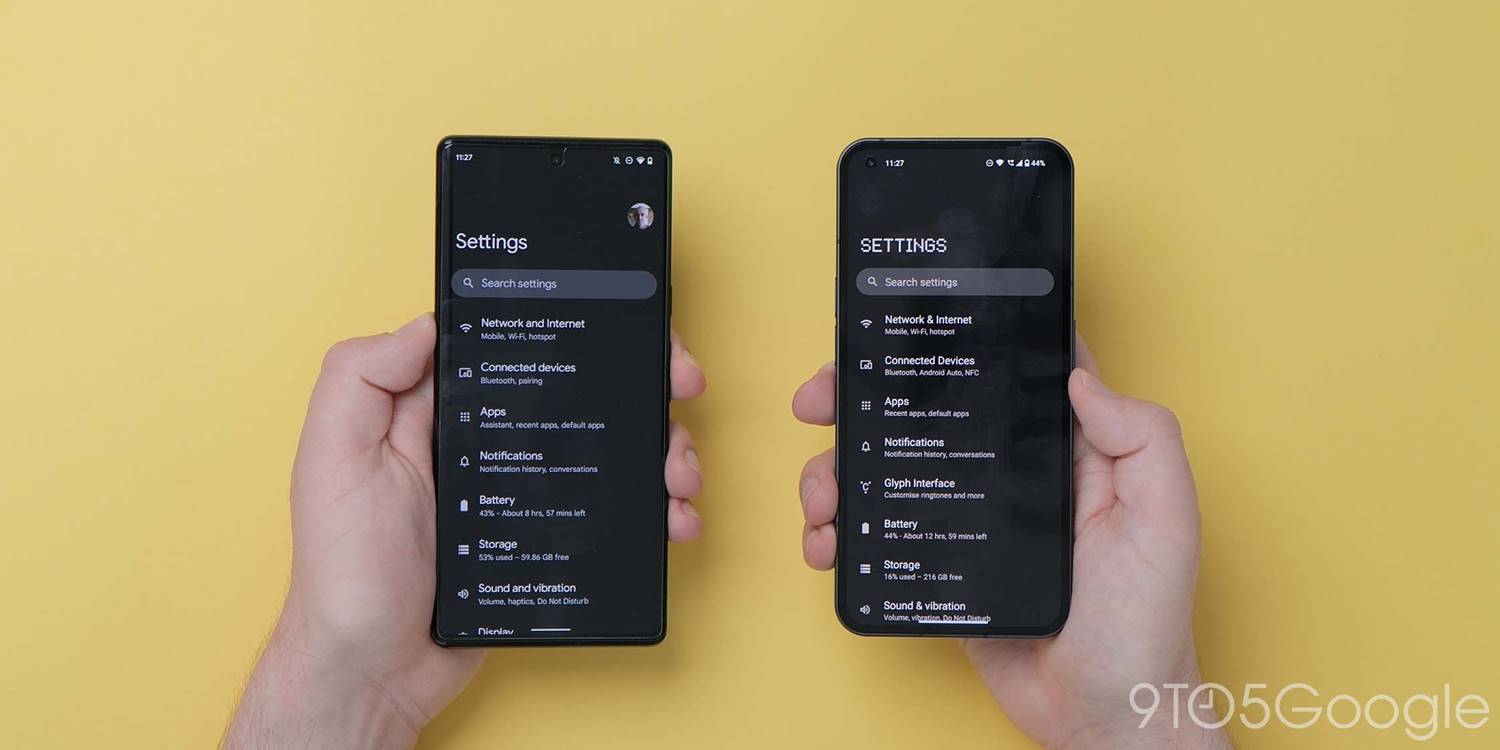 Pixel Settings and Nothing OS Settings pages