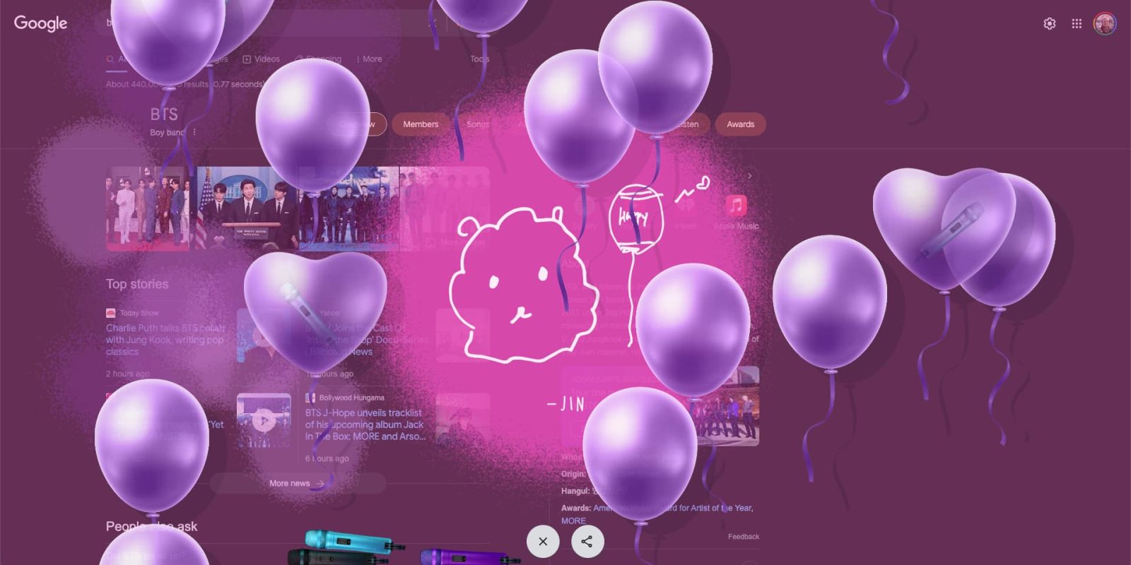Google BTS easter egg, with a message from Jin