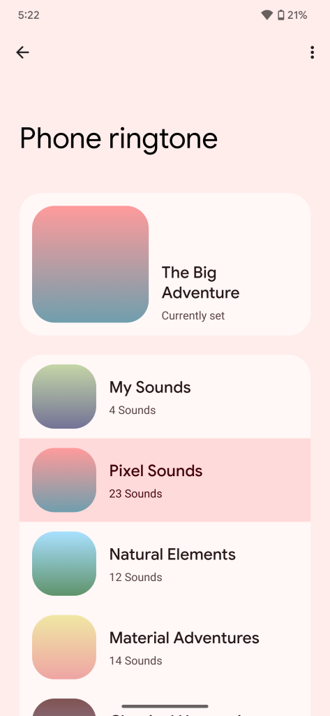 Pixel 7's "Natural Elements" in list of ringtone categories