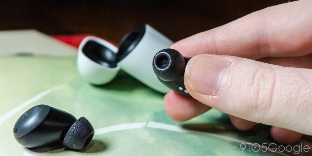 Close-up of Pixel Buds Pro with Comply foam tips