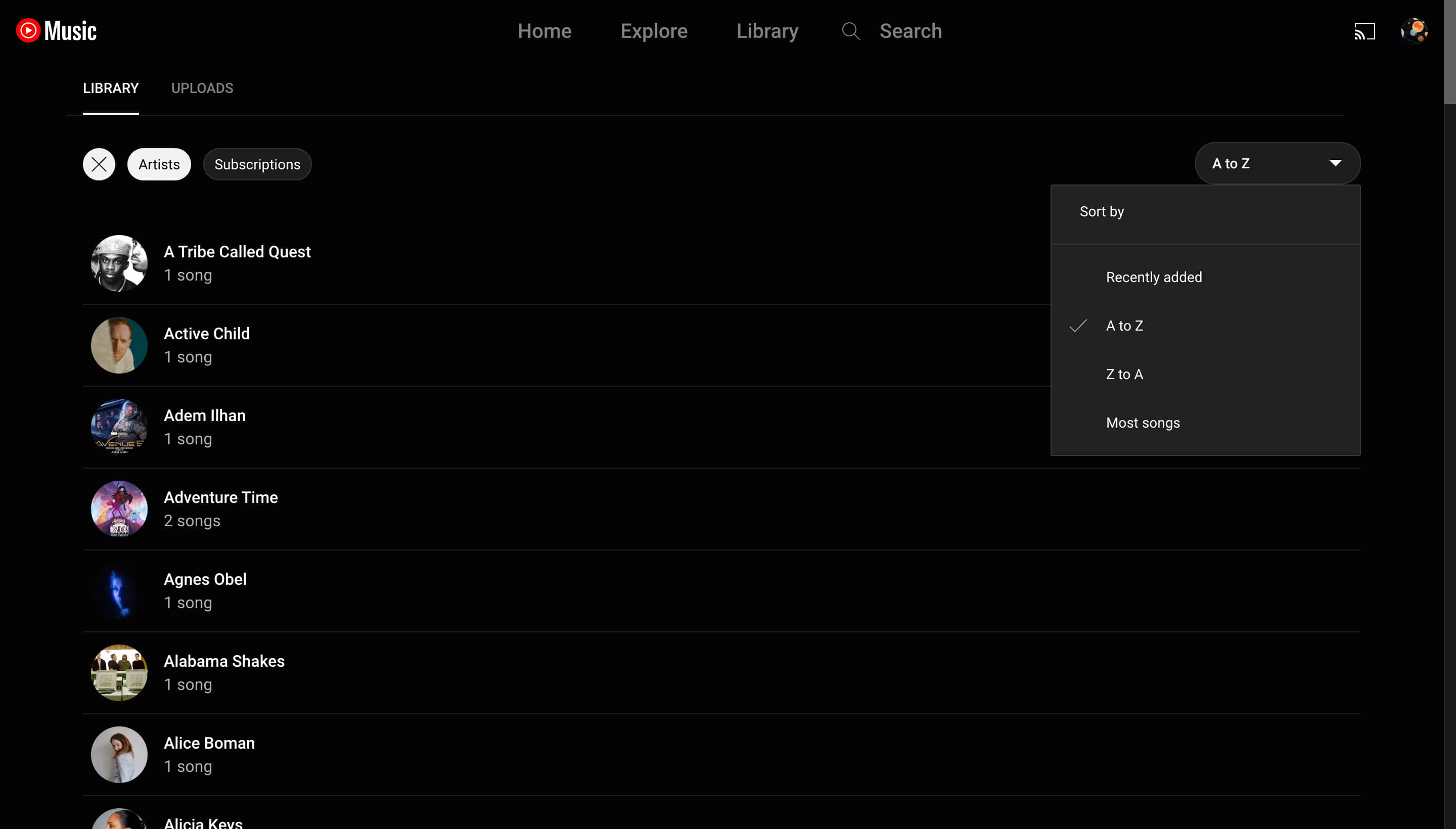 YouTube Music Library web
