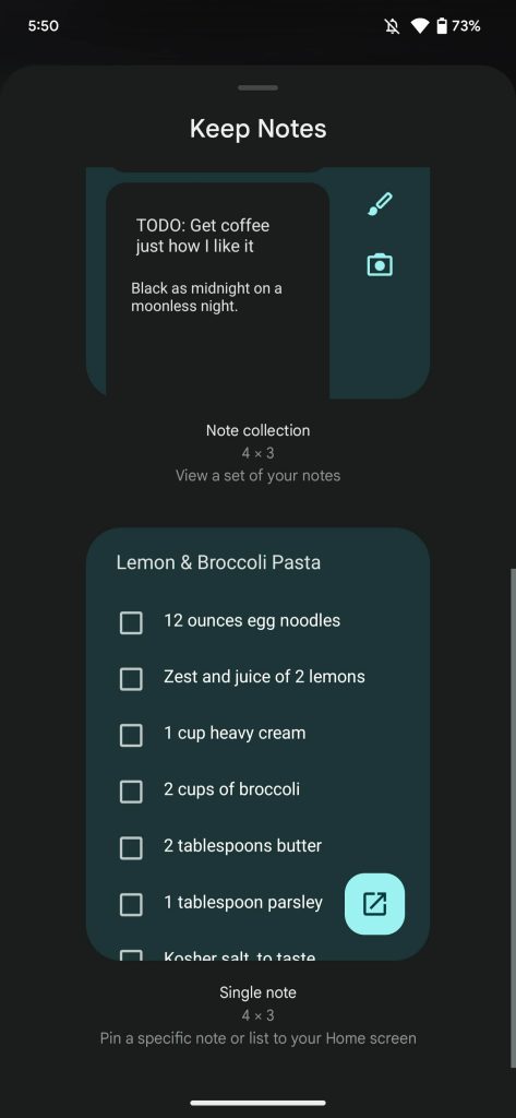 Google Keep note widget