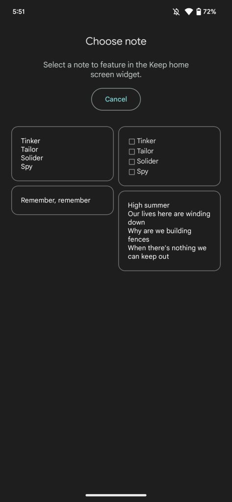 Google Keep note widget