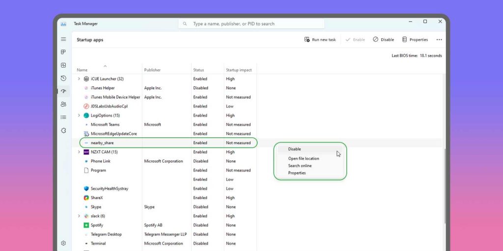 disable nearby share startup windows