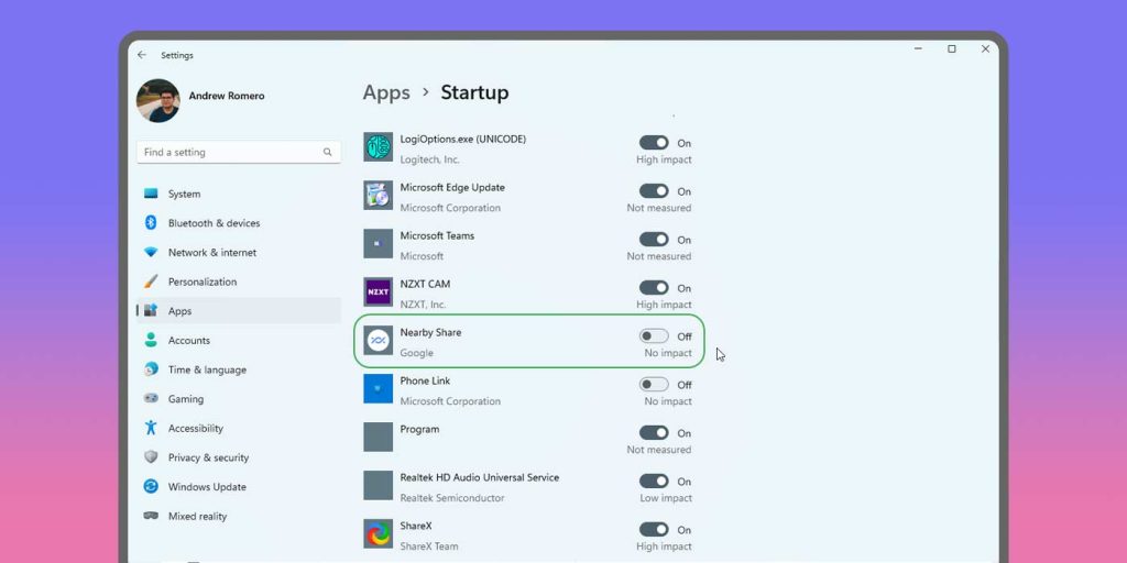 disable nearby share startup windows