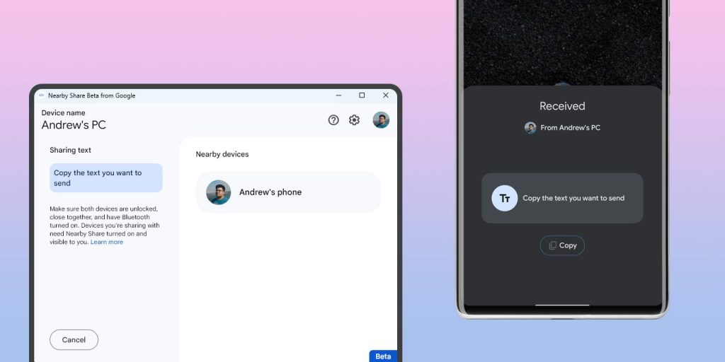 nearby share copy paste text