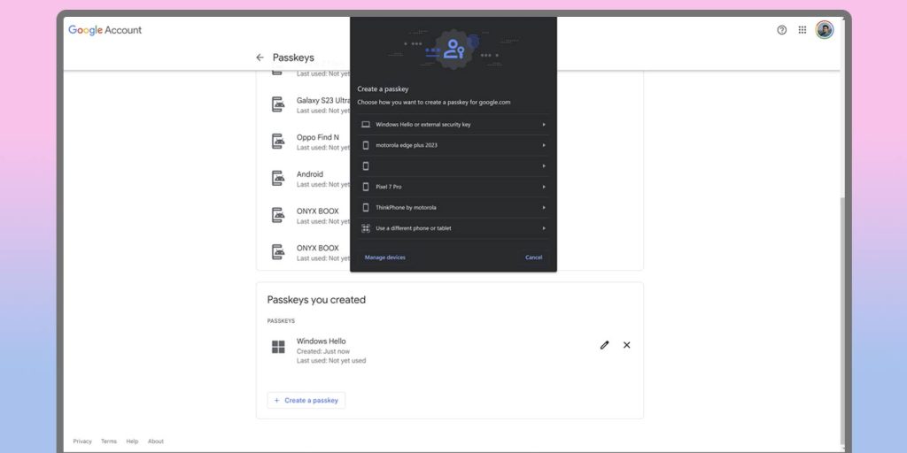 passkey google create manage