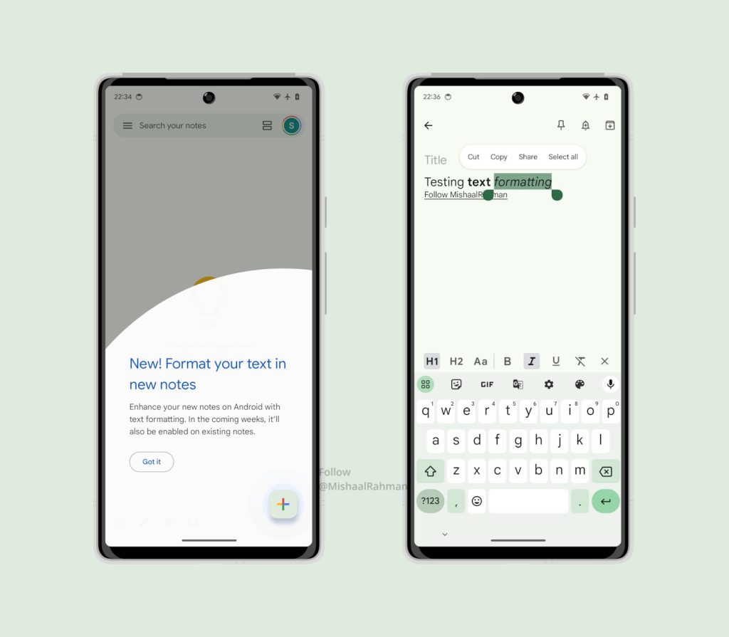 Google Keep format text