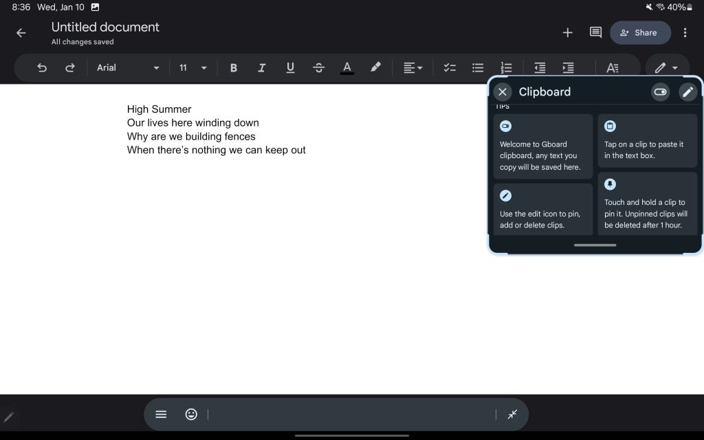 Gboard physical keyboard toolbar