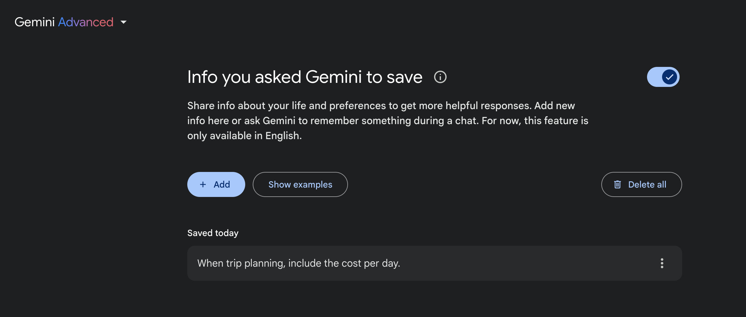 Gemini Saved info
