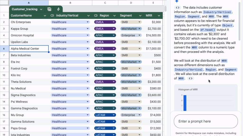Google Sheets Gemini insights