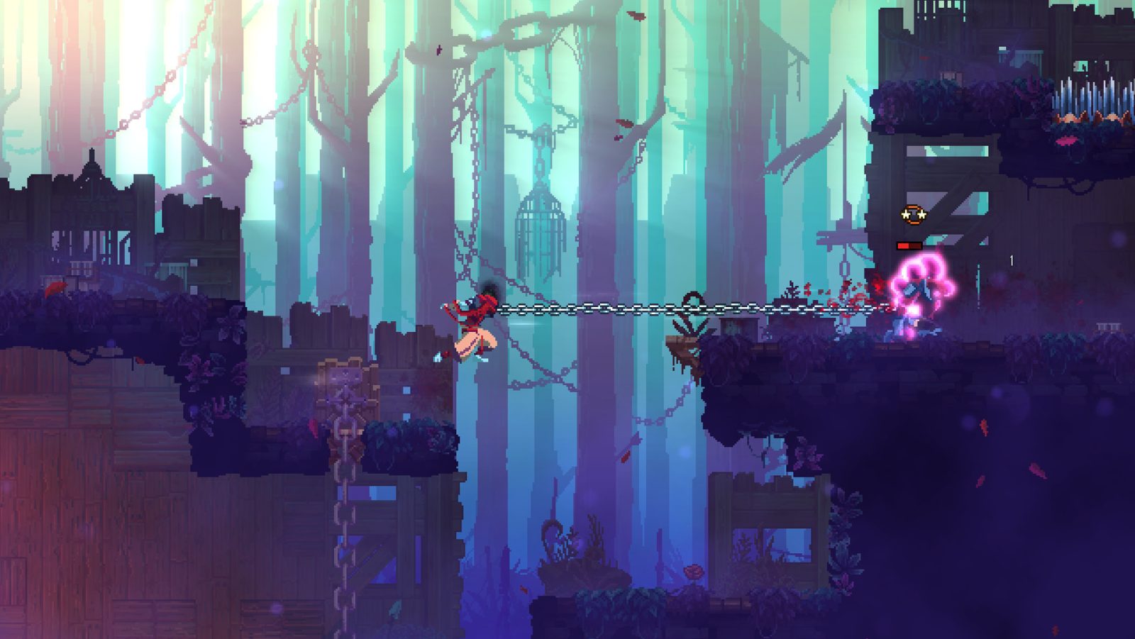 A video game with a person on a chain
