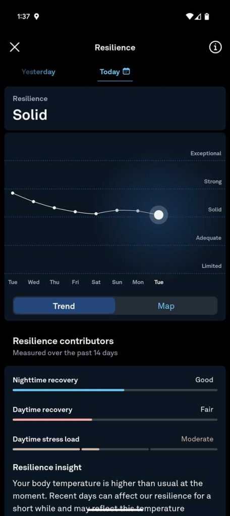 Oura app displaying resilience score.
