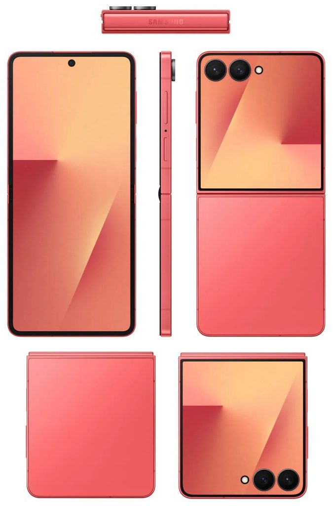 Renders showing the Galaxy Z Flip 7 in coral.