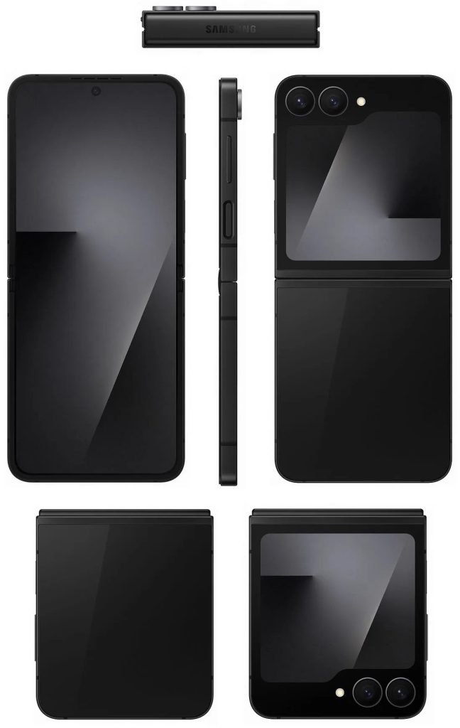 Renders showing the Galaxy Z Flip 7 FE in black.