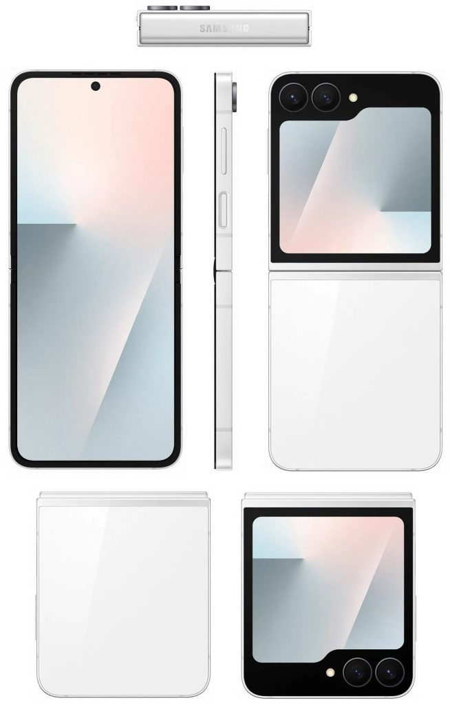 Renders showing the Galaxy Z Flip 7 FE in white.