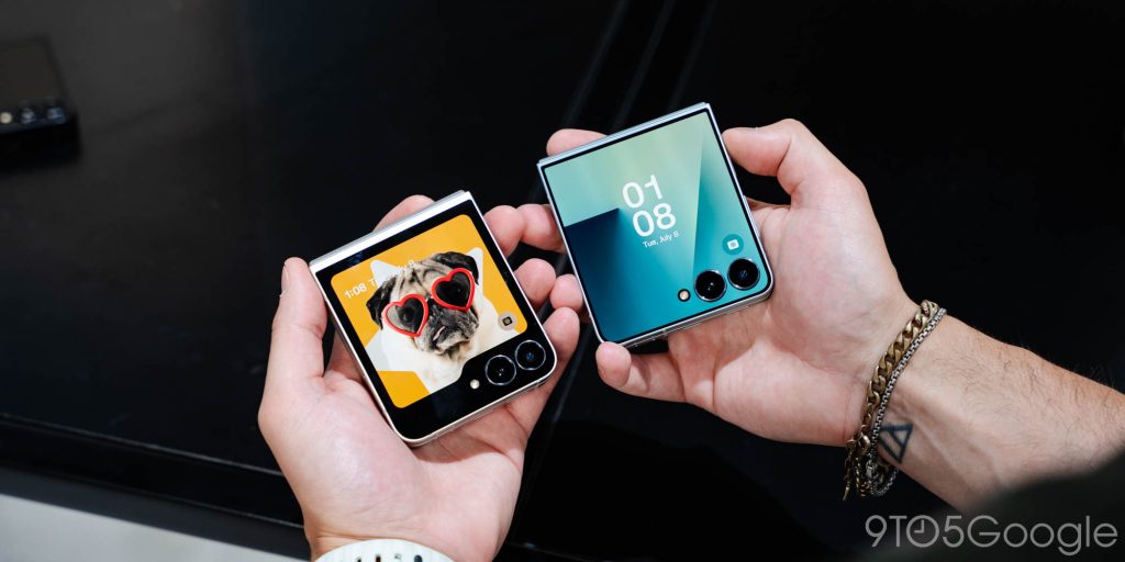 The Galaxy Z Flip 7 FE held in a hand next to the Galaxy Z Flip 7.
