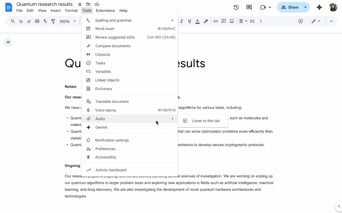 Google Docs Audio