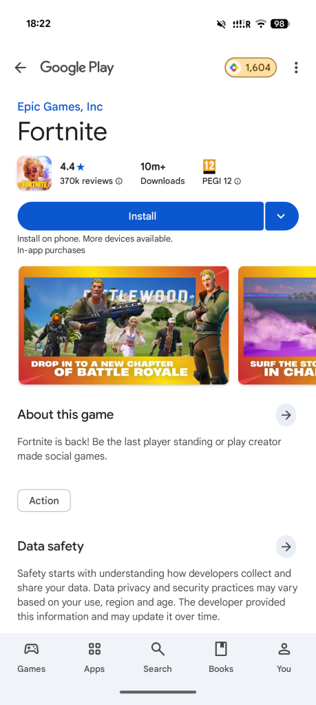 Fortnite Play Store listing